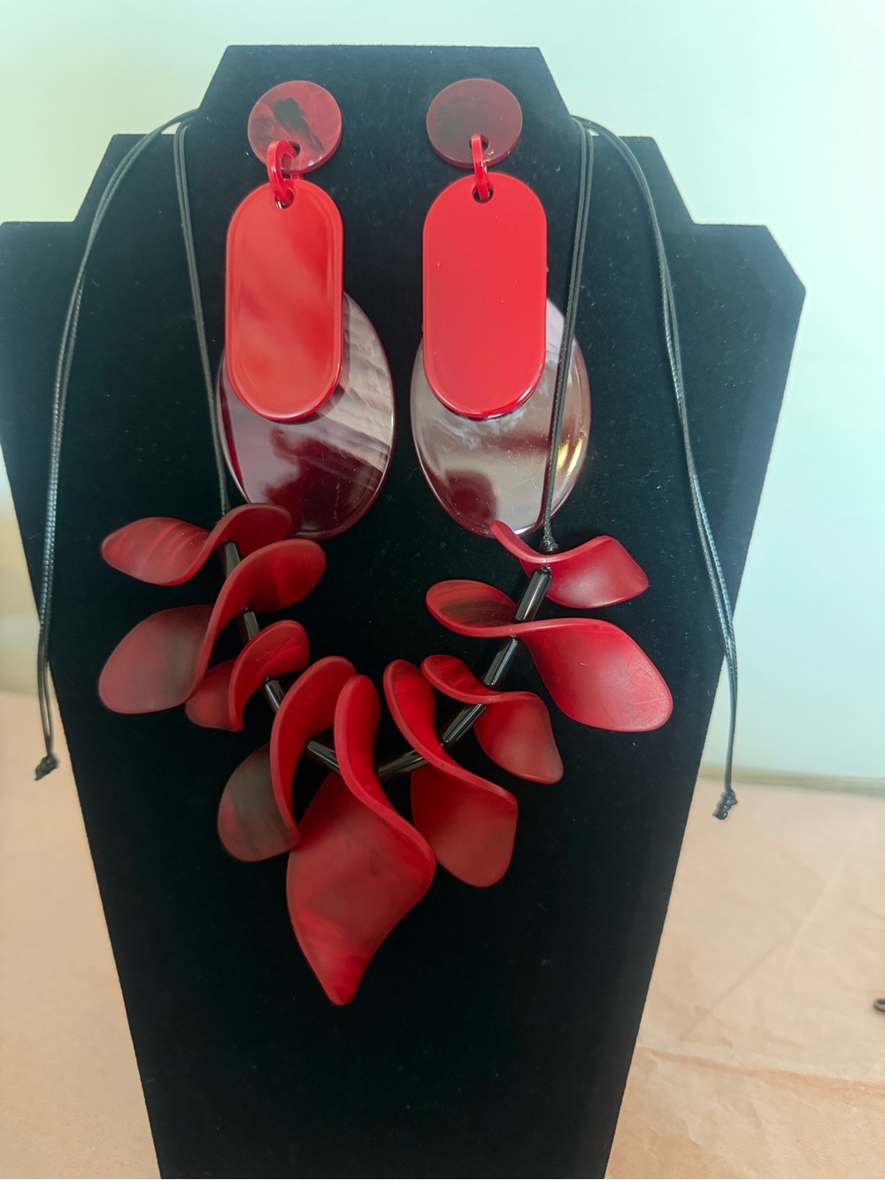 Red Statement Floral Petal Necklace & Earrings Set